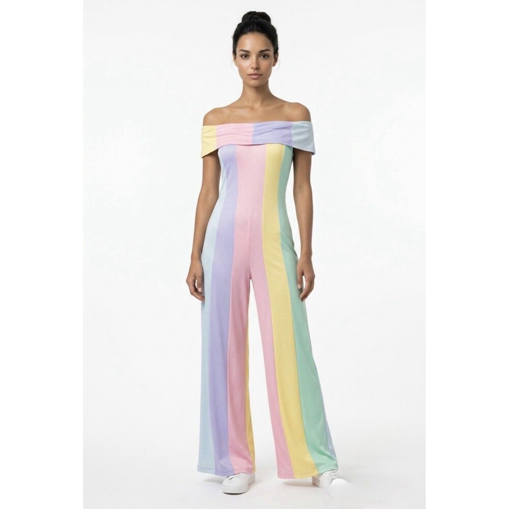 SHEIN Curve 1XL Off Shoulder Rainbow Stripe Jumpsuit Wide Leg Pastel